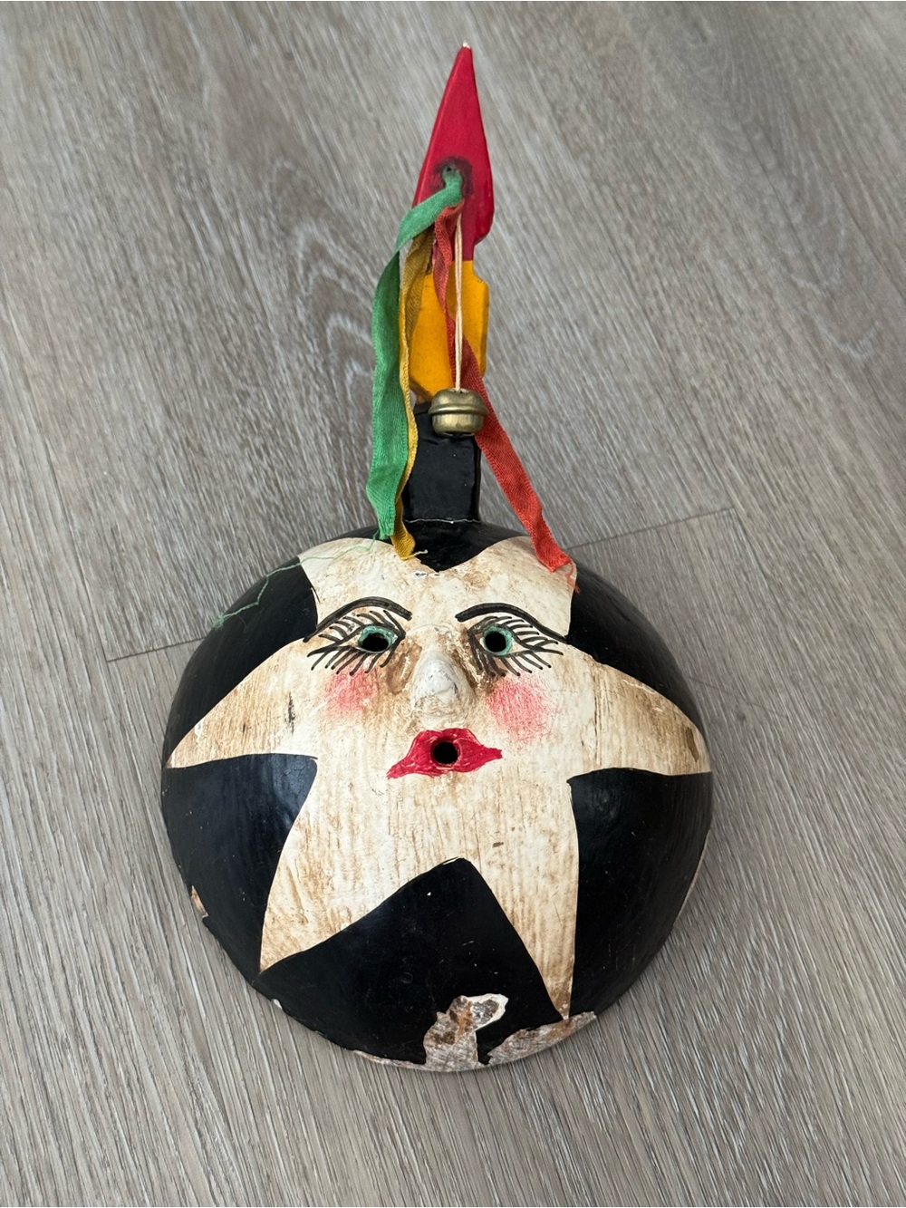 Vintage Mexican folk art wall mask hand-painted on a coconut shell